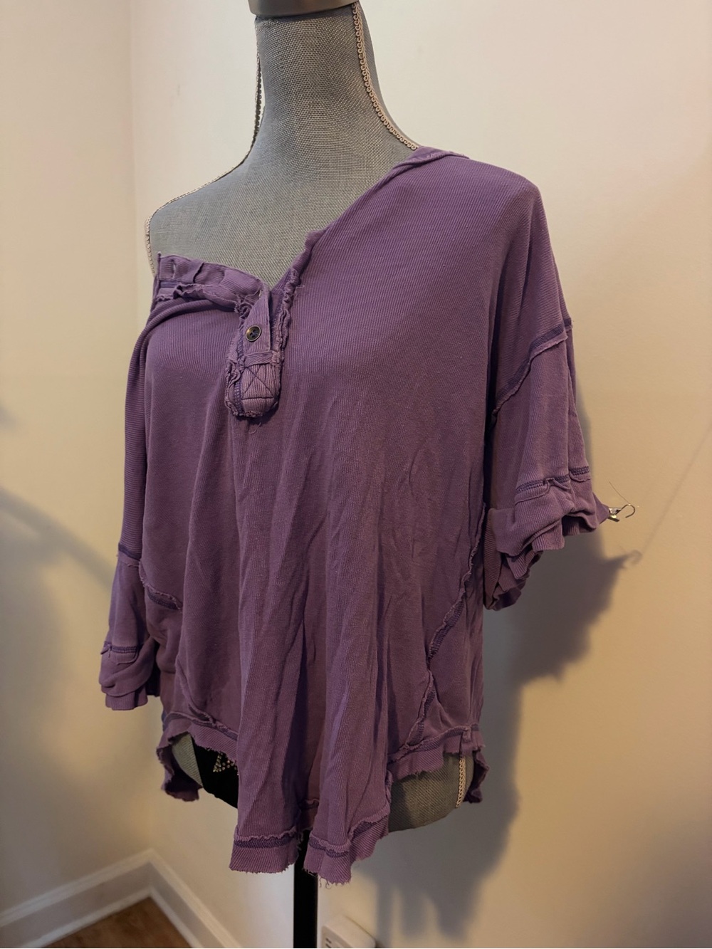 Relaxed Purple Women’s Short Sleeve Top Free People Cotton Blend Henley Tee